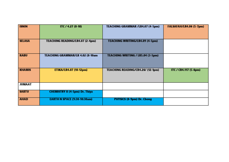 Weekly Class Schedule Overview | PDF