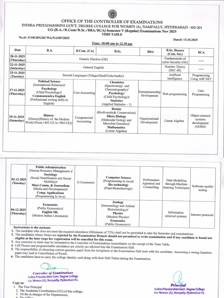 61 Ug III, V Sem Reg Exam Time Tablee Nov 2025 | PDF