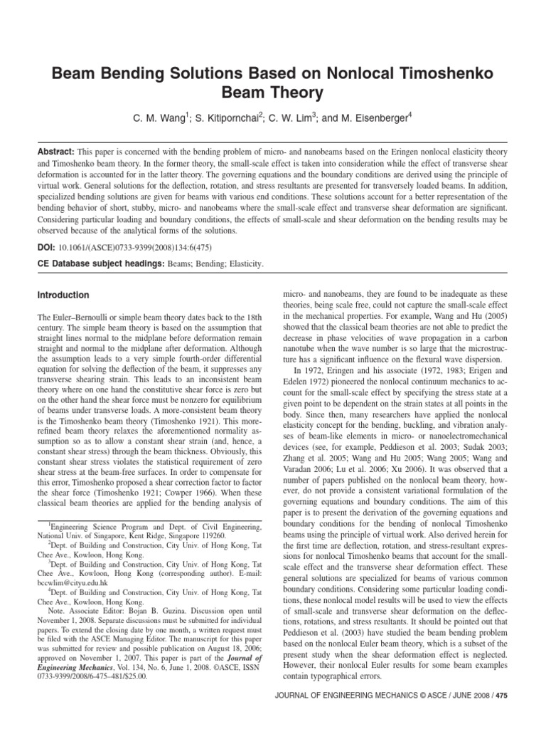 Nonlocal Timoshenko Beam Bending Analysis | PDF | Bending | Beam ...