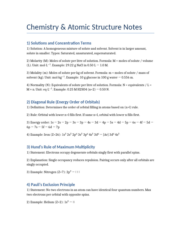 Chemistry Notes on Solutions & Structure | PDF | Matter | Atomic Nucleus