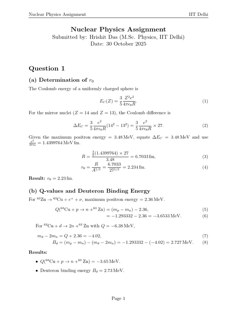 IIT Delhi Nuclear Physics Assignment | PDF | Electronvolt | Physical ...