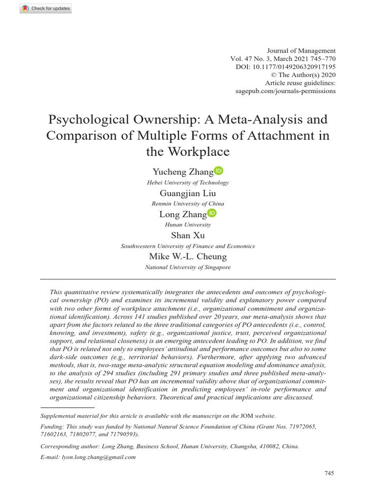 Meta-Analysis of Psychological Ownership | PDF | Meta Analysis ...