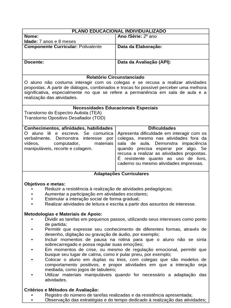 Plano Educacional Individualizado TEA | PDF | Autismo