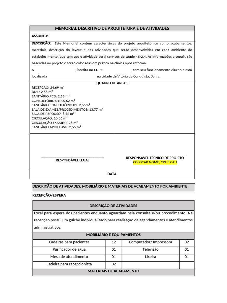 Memorial Descritivo de Clínica de Saúde | PDF