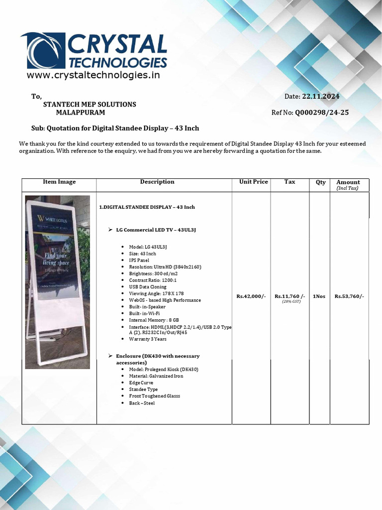 Quotation for 43 Inch Digital Standee | PDF | Consumer Electronics ...