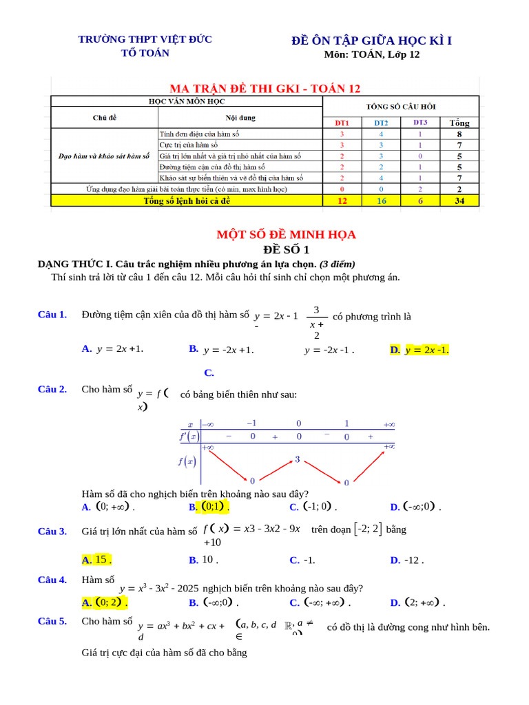 De On Tap Giua Ki 1 Toan 12 Nam 2025 2026 Truong THPT Viet Duc Ha Noi | PDF