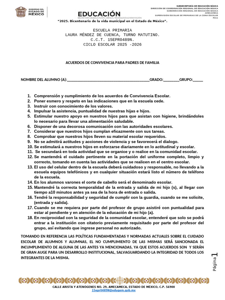 Acuerdos de Convivencia Escolar 2025 | PDF | Educación primaria