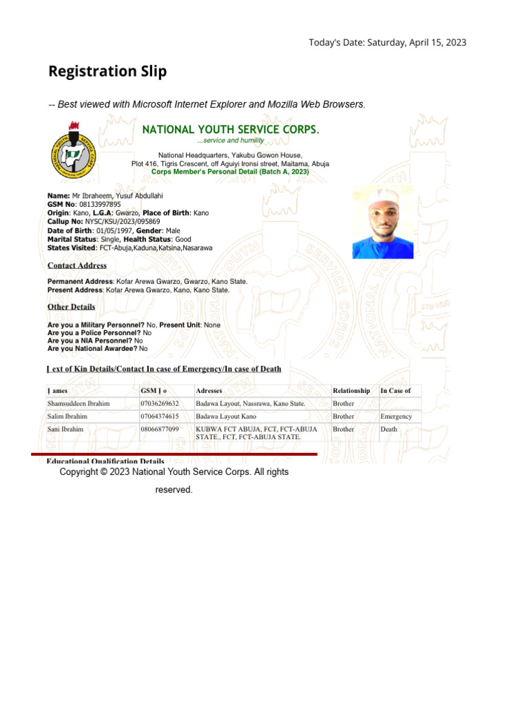 NYSC Registration Slip 2023 | PDF