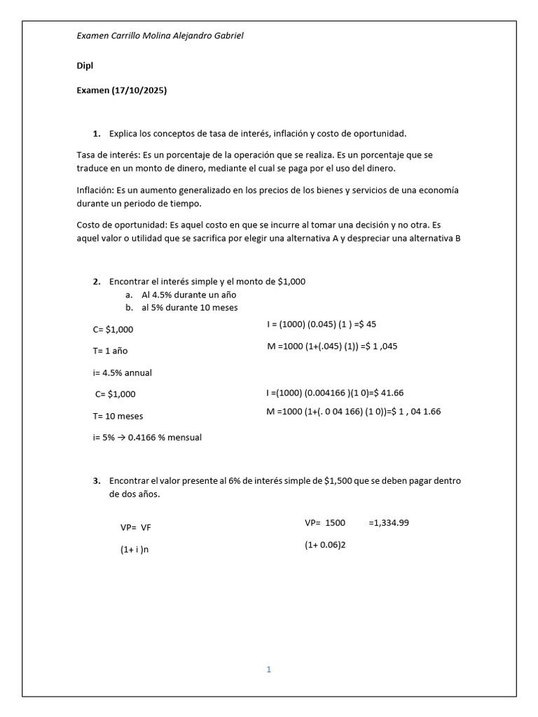 Examen de Matemáticas Financieras 2025 | PDF | Tasas de interés ...