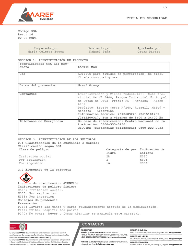 Ficha de Seguridad: Xantic Mar | PDF | Agua