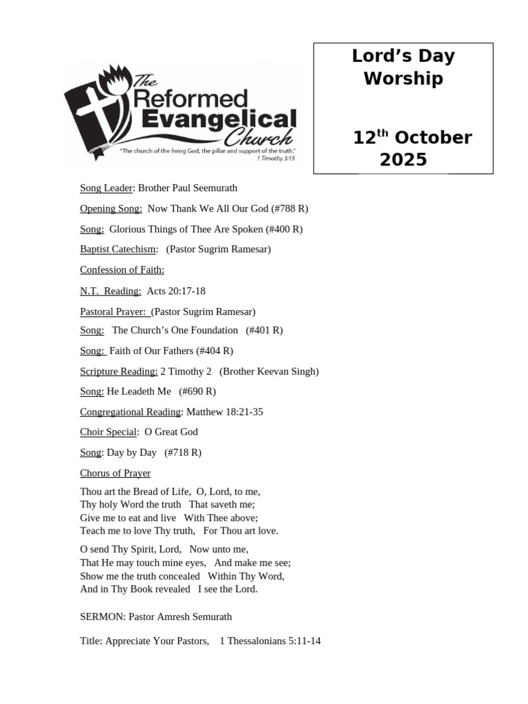 Worship Service Agenda - October 12, 2025 | PDF