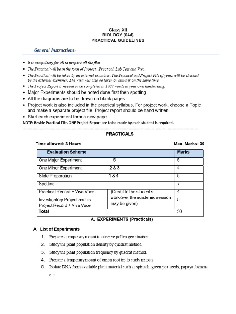 Class XII Biology Practical Guidelines | PDF | Pollination | Plants