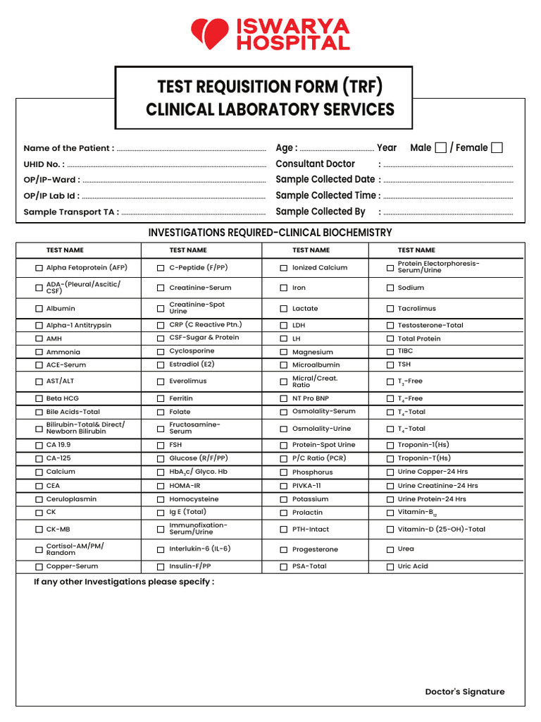 Clinical Laboratory Test Requisition Form | PDF | Hematology | Tissue ...