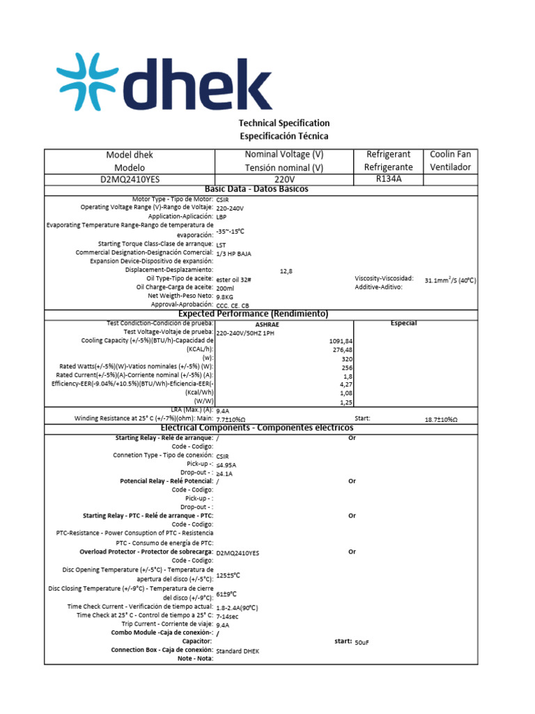 Ficha Tecnica Compresor Dhek D2MQ2410YES | PDF | Electricidad ...