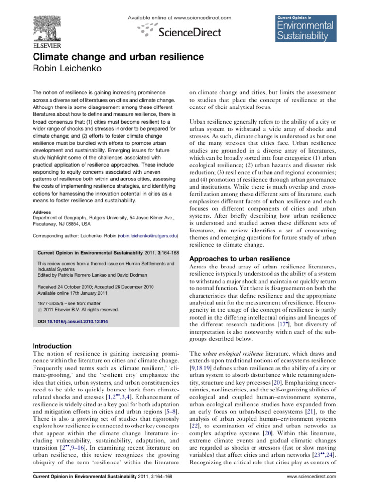 Leichenko2011 Urban Resilience | PDF | Climate Resilience | Ecological ...