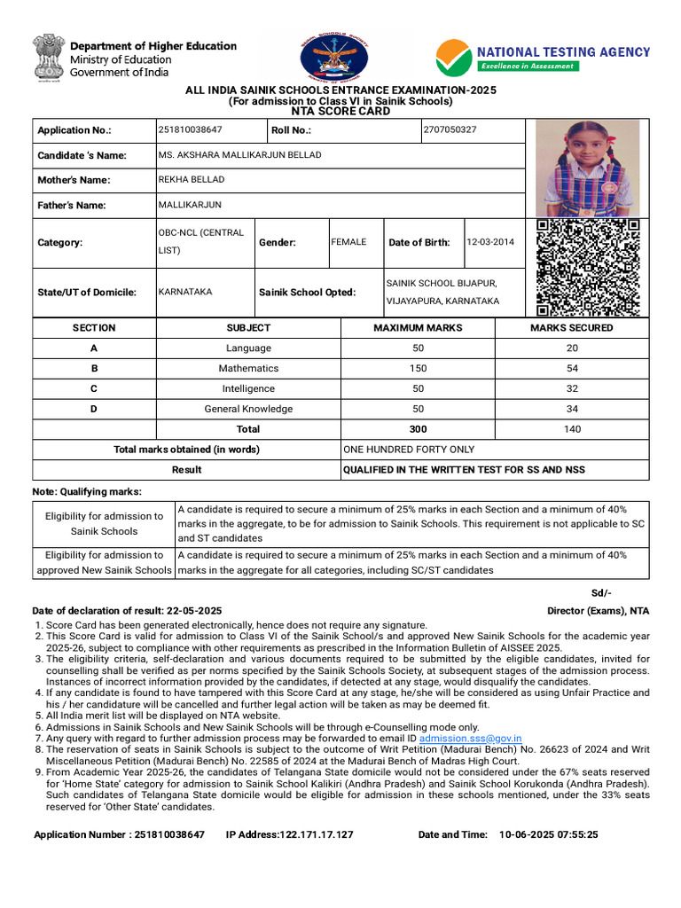 All India Sainik Schools Entrance Exam - Aissee - 2025 - India | PDF