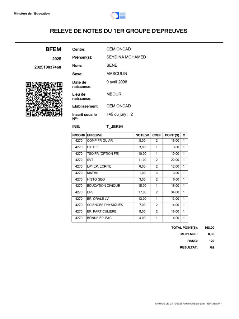 Relevé de notes BFEM 2025 de Seydina Mohamed | PDF