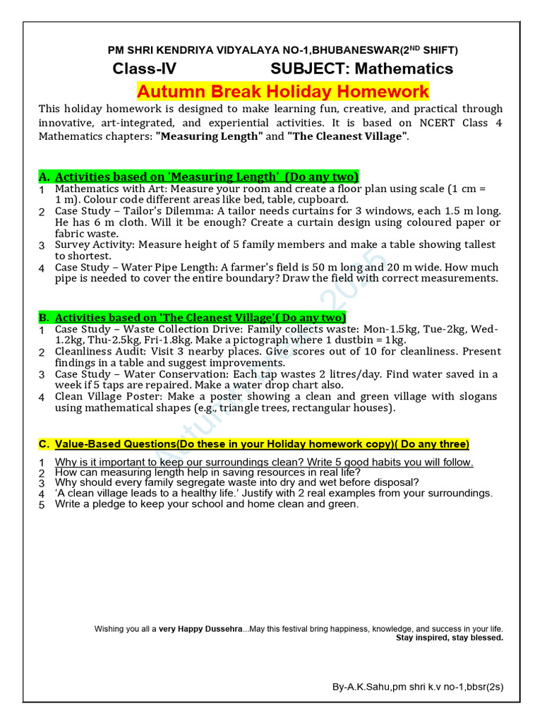 Class 4 Math Holiday Homework Guide | PDF