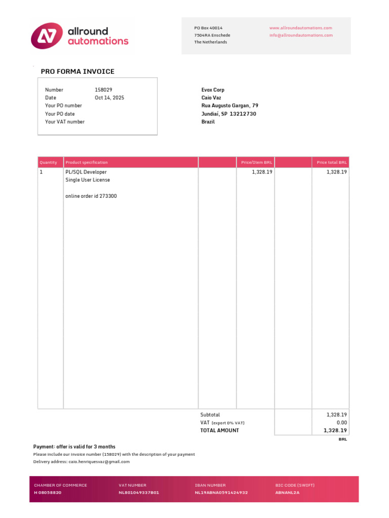 Pro Forma Invoice: PO Box 40014 7504RA Enschede The Netherlands | PDF