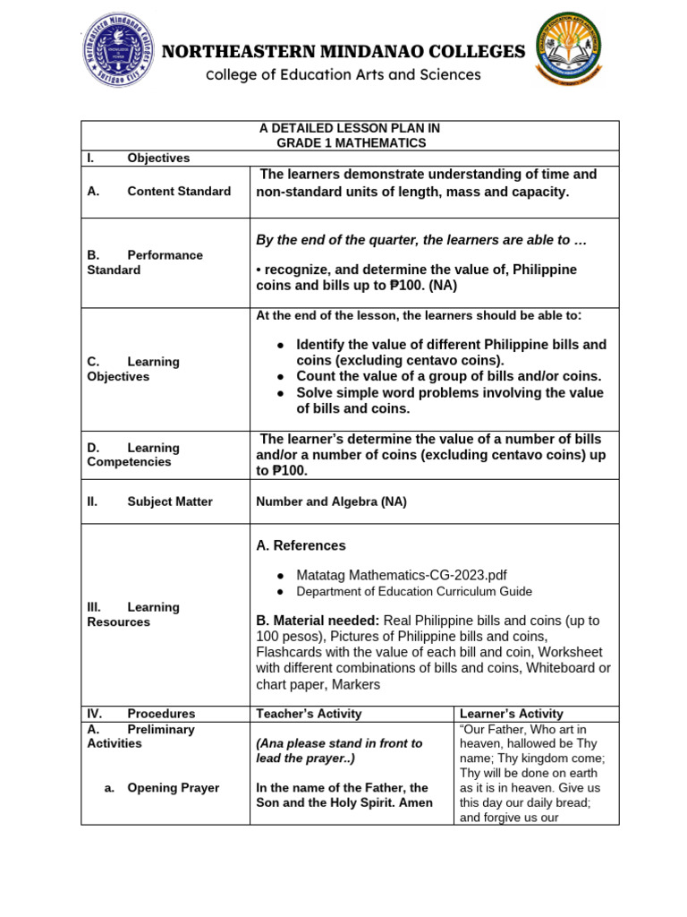 Grade 1 Math Lesson Plan on Currency | PDF | Coins | Lesson Plan