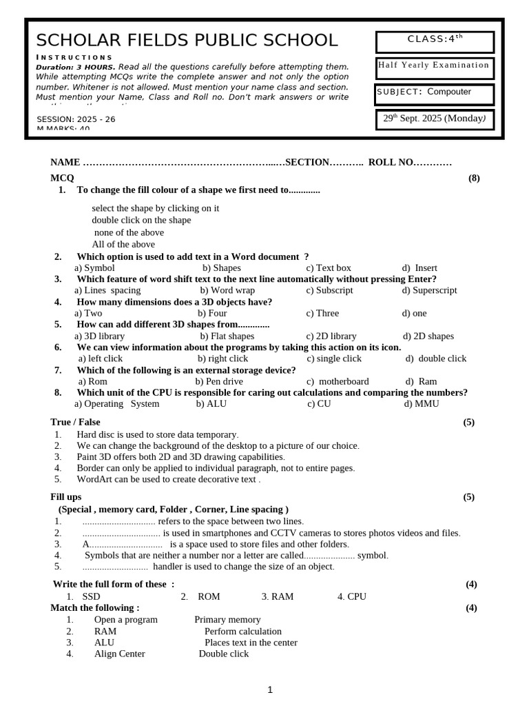 Computer Exam Questions for Class 4 | PDF | Computer Data Storage ...