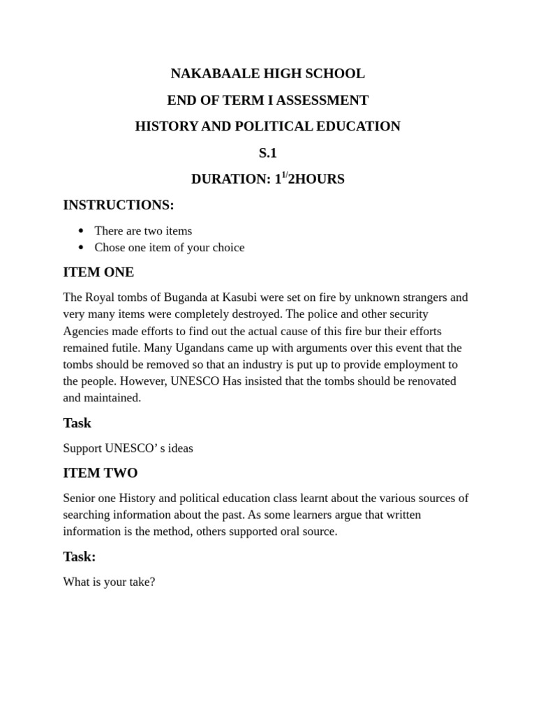 Nakabaale High School History Assessment | PDF