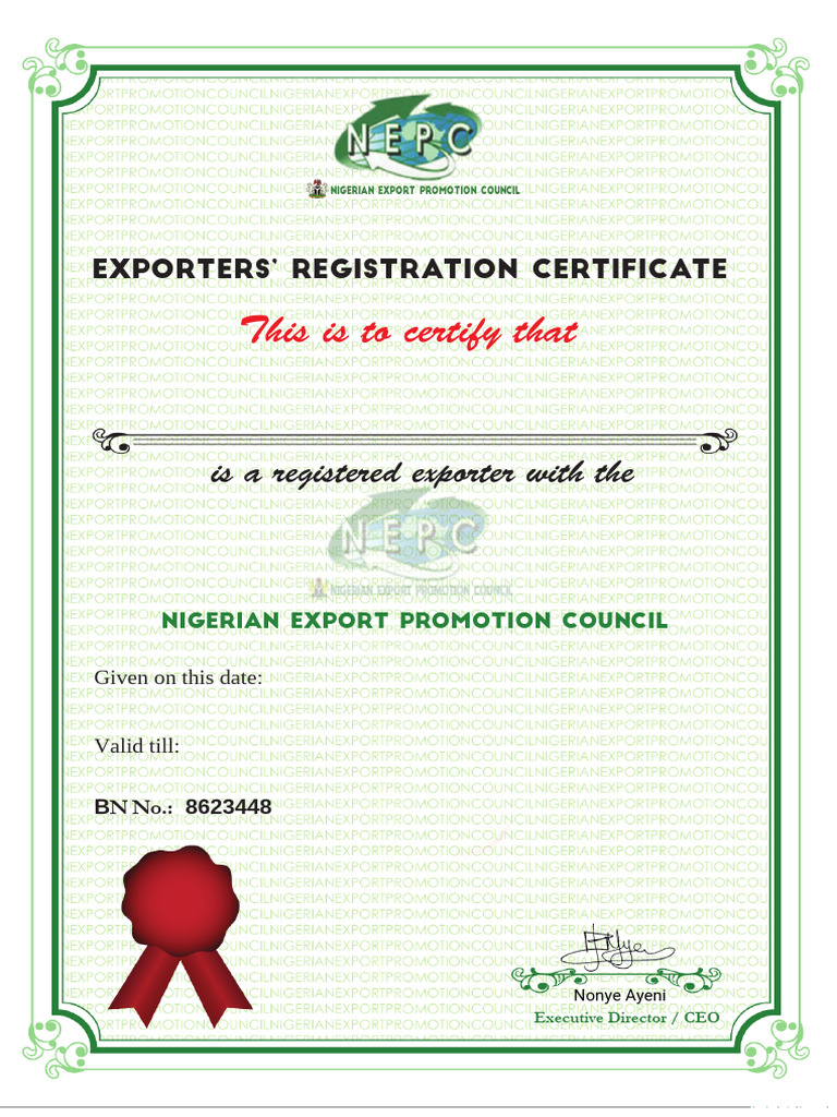 Nigerian Exporters' Registration Certificate | PDF
