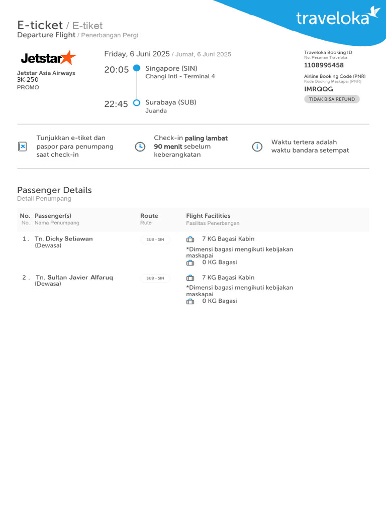 E-Tiket Jetstar Surabaya ke Singapura | PDF