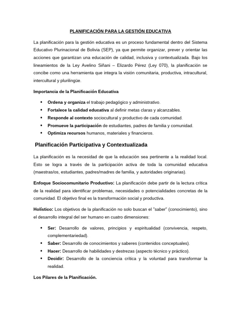 Planificación Educativa en Bolivia | PDF | Plan de estudios | Planificación