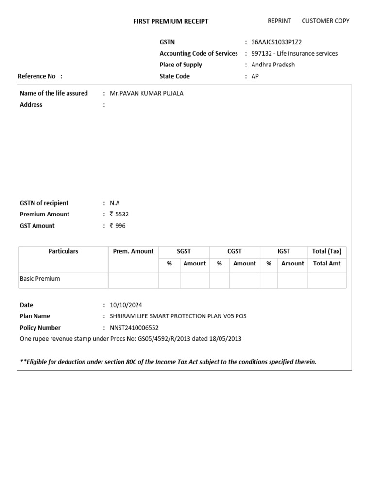 Shriram Life Insurance Policy Receipt | PDF | Life Insurance | Payments