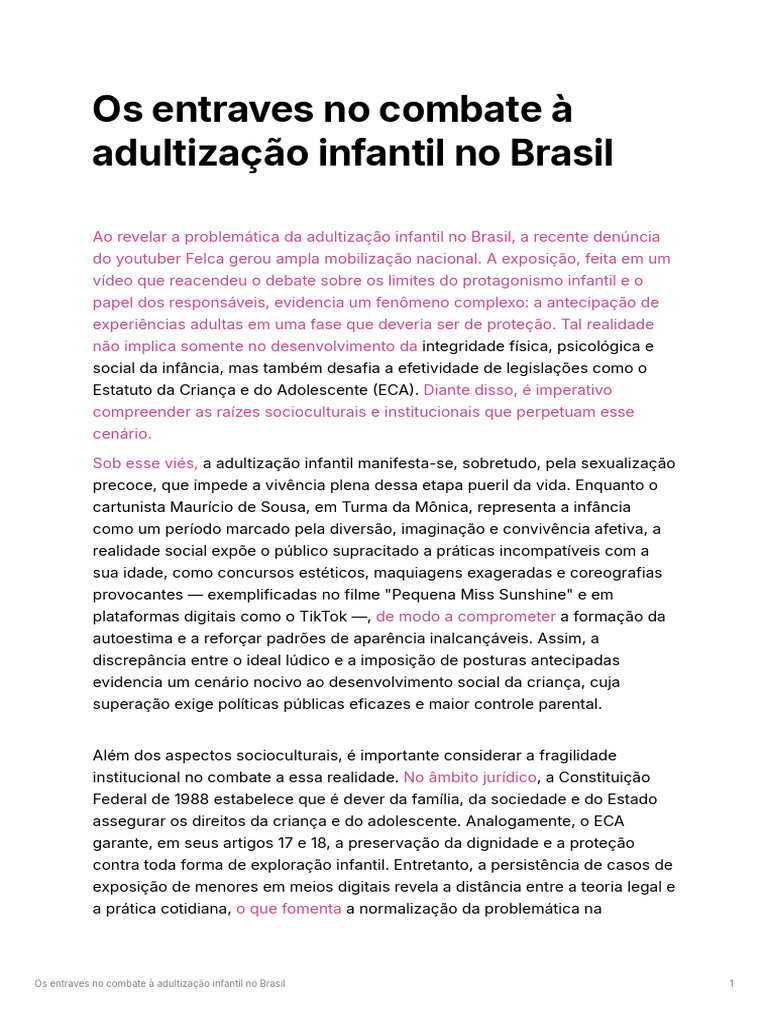 Combate à Adultização Infantil no Brasil | PDF | Adolescência | Brasil