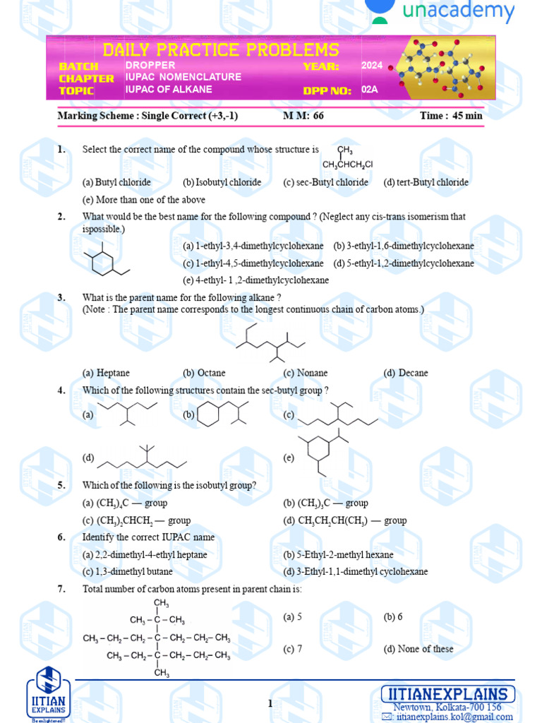 IUPAC Nomenclature Practice Questions | PDF | Alkane | Carbon Compounds