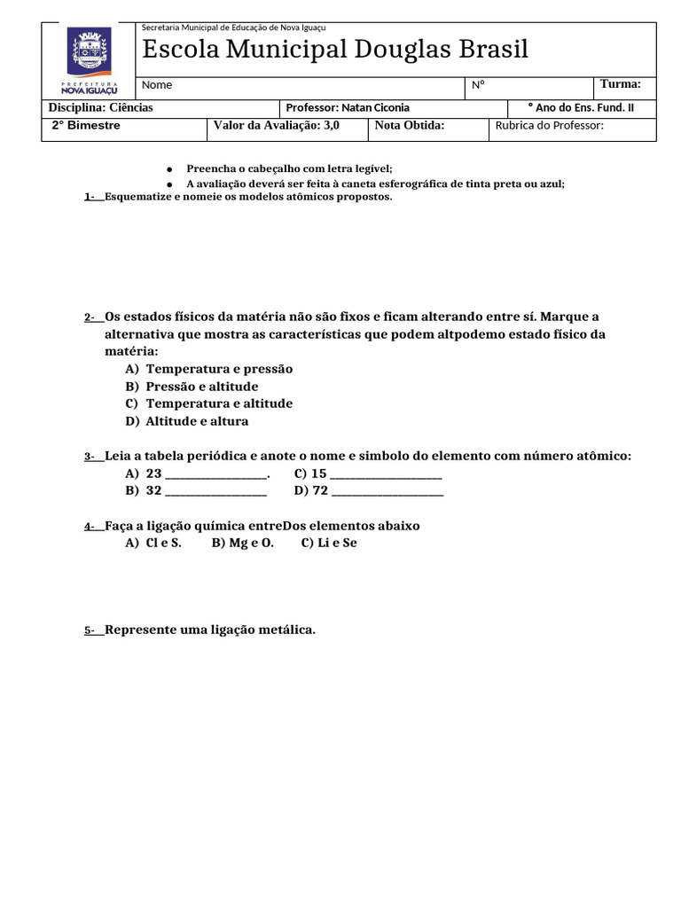 Teste 1º Bimestre Douglas Brasil | PDF