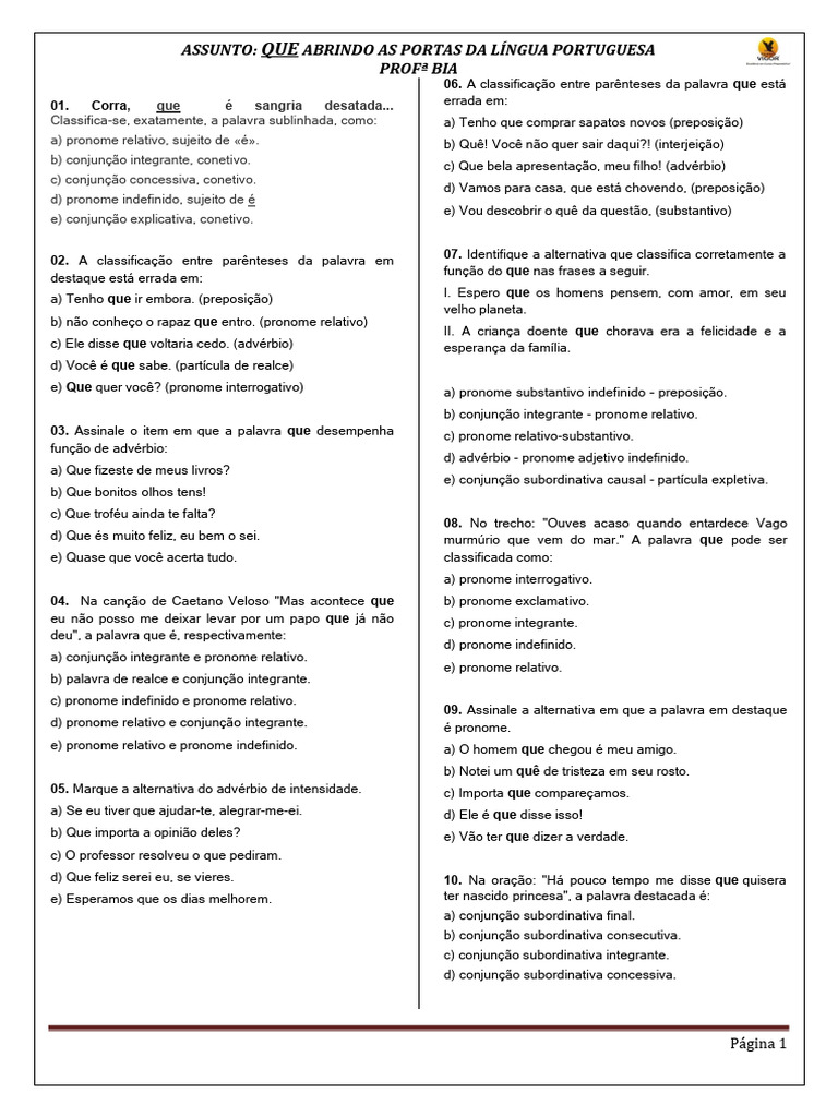 Questões sobre o uso de "que" na língua portuguesa | PDF | Pronome ...