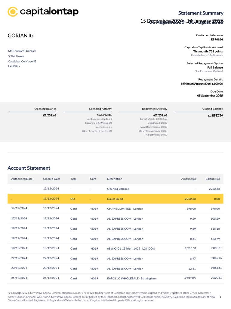 Capital on Tap Account Statement Summary | PDF | Interest | Credit Card
