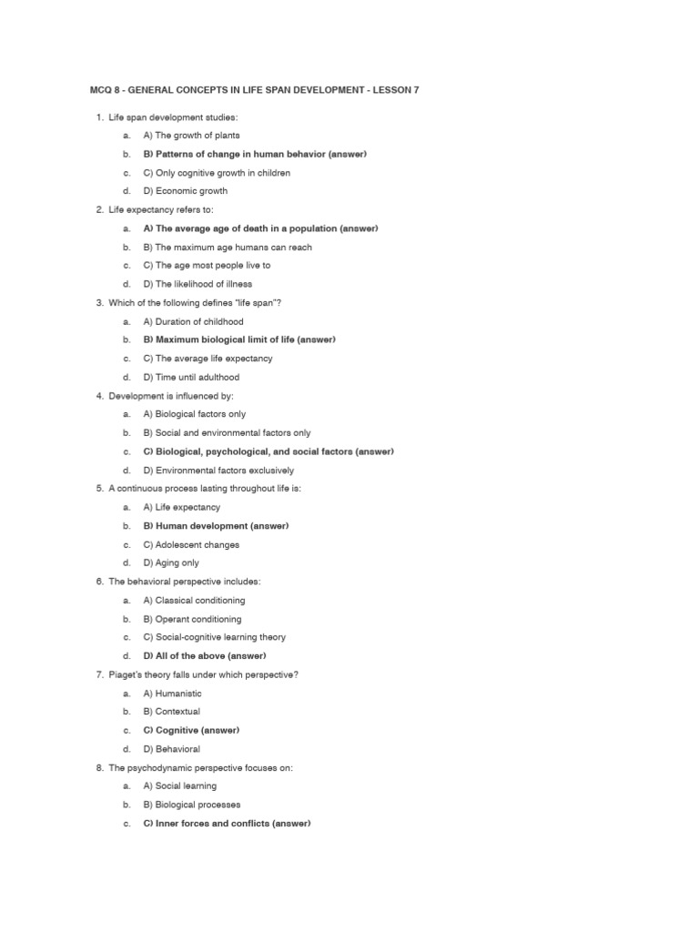 Life Span Development MCQs and Concepts | PDF | Human Development ...