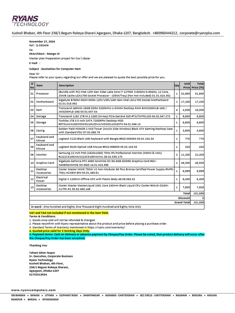 Quotation for Computer Items - Ryans Technology | PDF | Computer ...