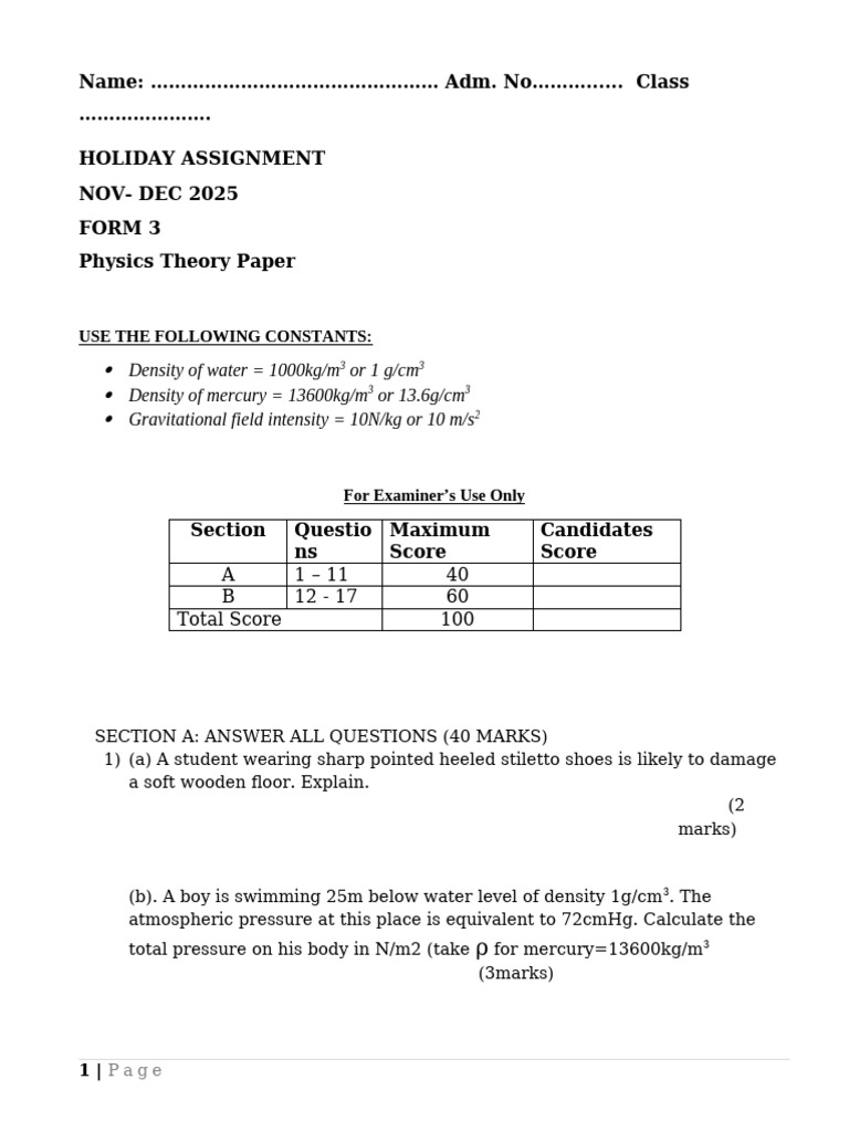 Form 3 Physics Holiday Assignment | PDF | Capacitor | Force