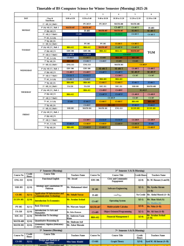 BS Computer Science Winter 2025-26 Timetable | PDF