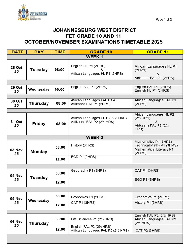 Grade 10 & 11 November Timetable 2025 | PDF | Science