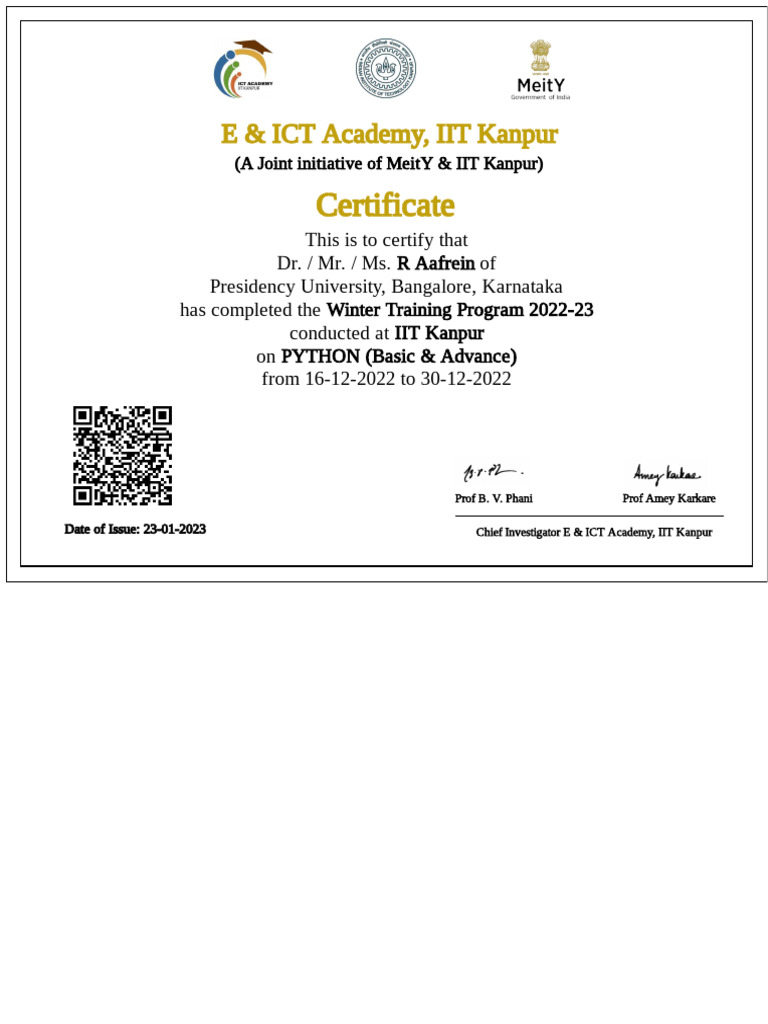 Python Training Certificate - IIT Kanpur | PDF