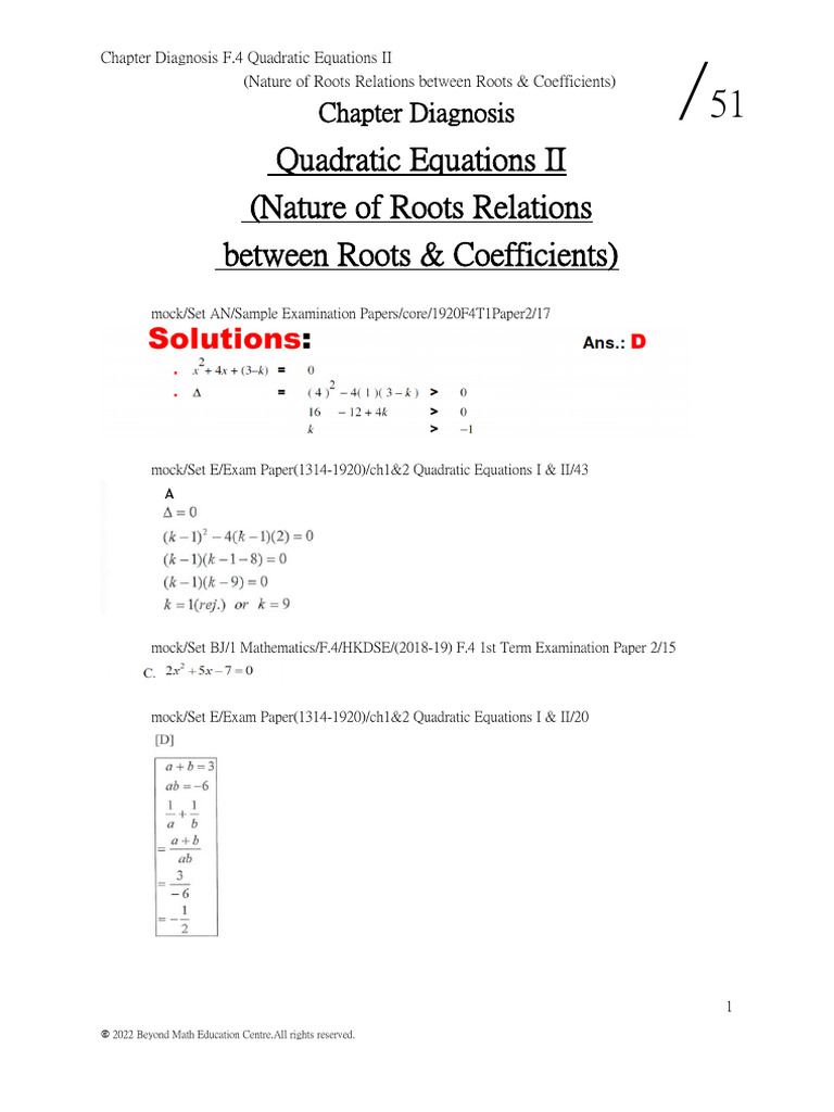 Quadratic Equations II: Roots & Coefficients | PDF | Quadratic Equation ...
