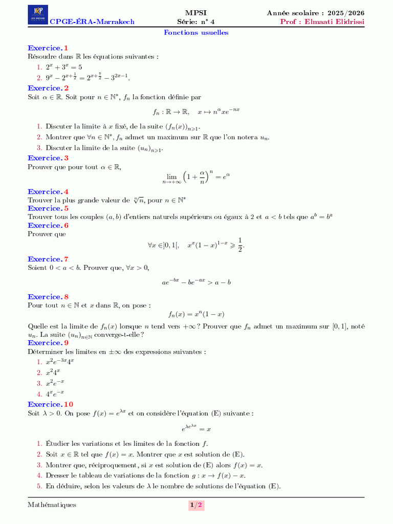Exercices de Mathématiques CPGE MPSI 2025 | PDF | Mathématiques ...