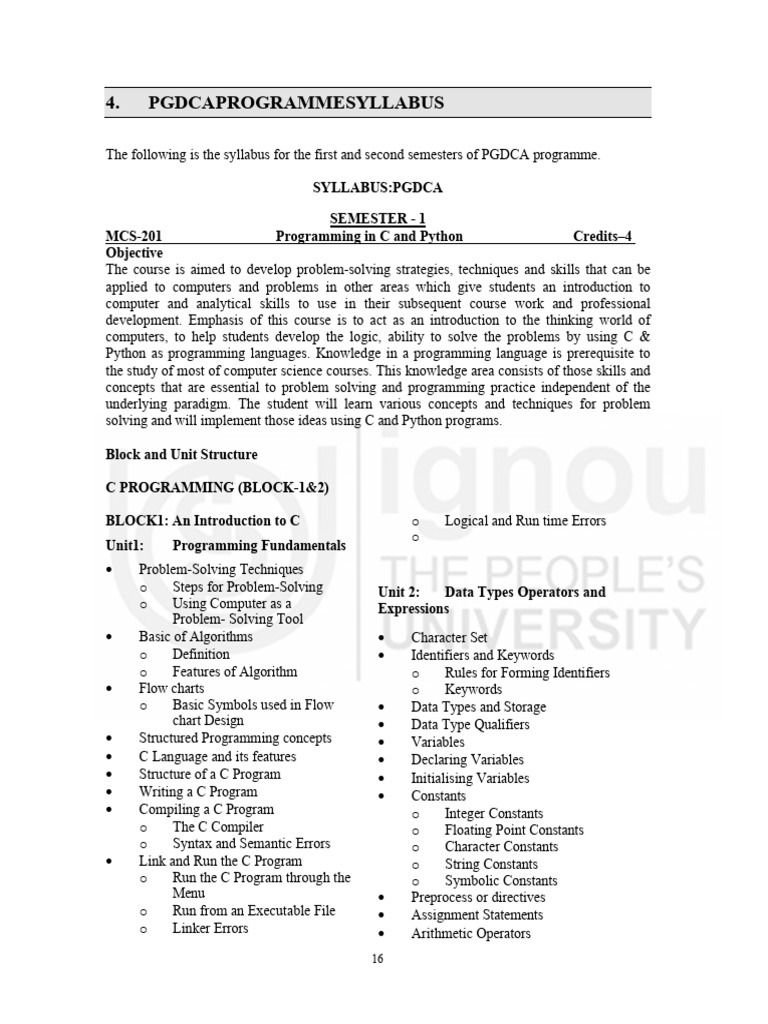 PGDCA Programming Syllabus: C & Python | PDF | Pointer (Computer ...