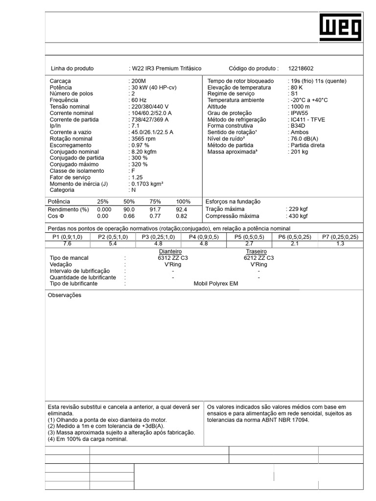 Motor Trifásico W22 IR3: Especificações Técnicas | PDF | Quantidade ...