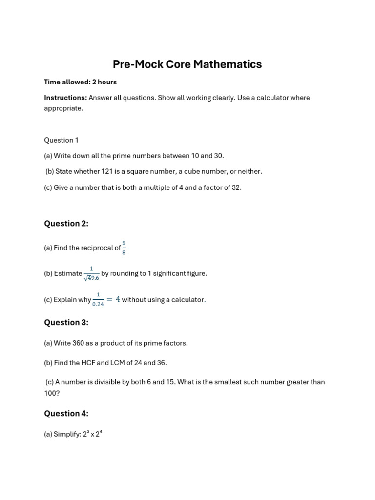 Pre-Mock Core Math Exam Questions | PDF | Significant Figures | Mathematics