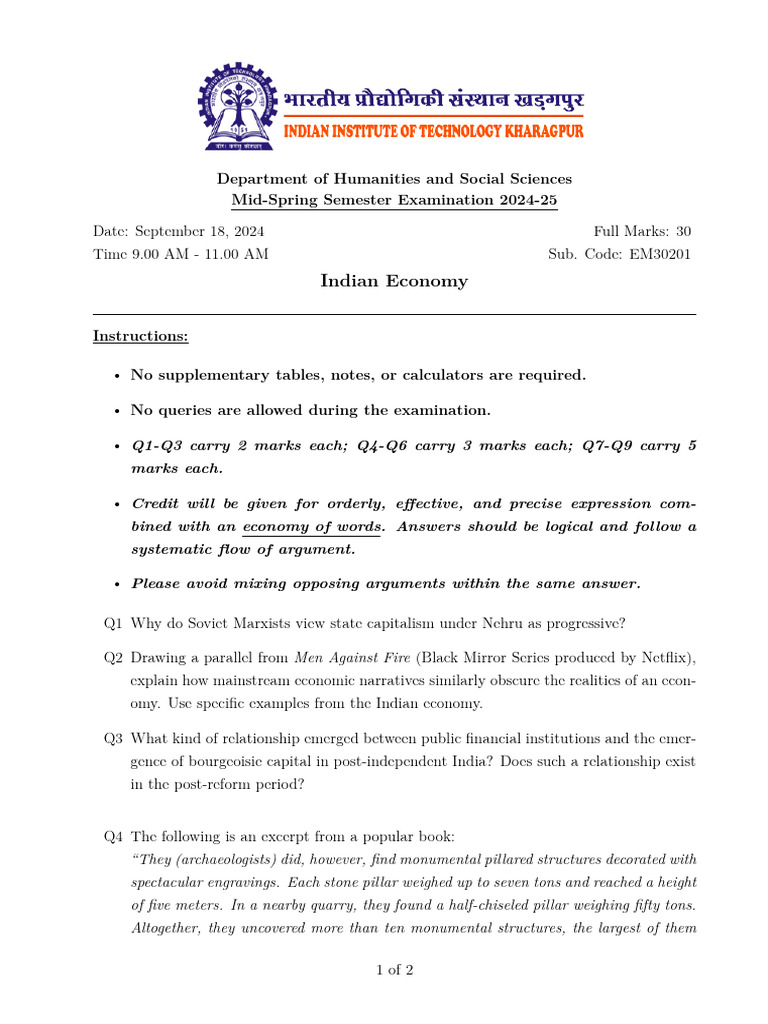 Indian Economy Mid Sem QP 2024 | PDF | Economies | Political Economy