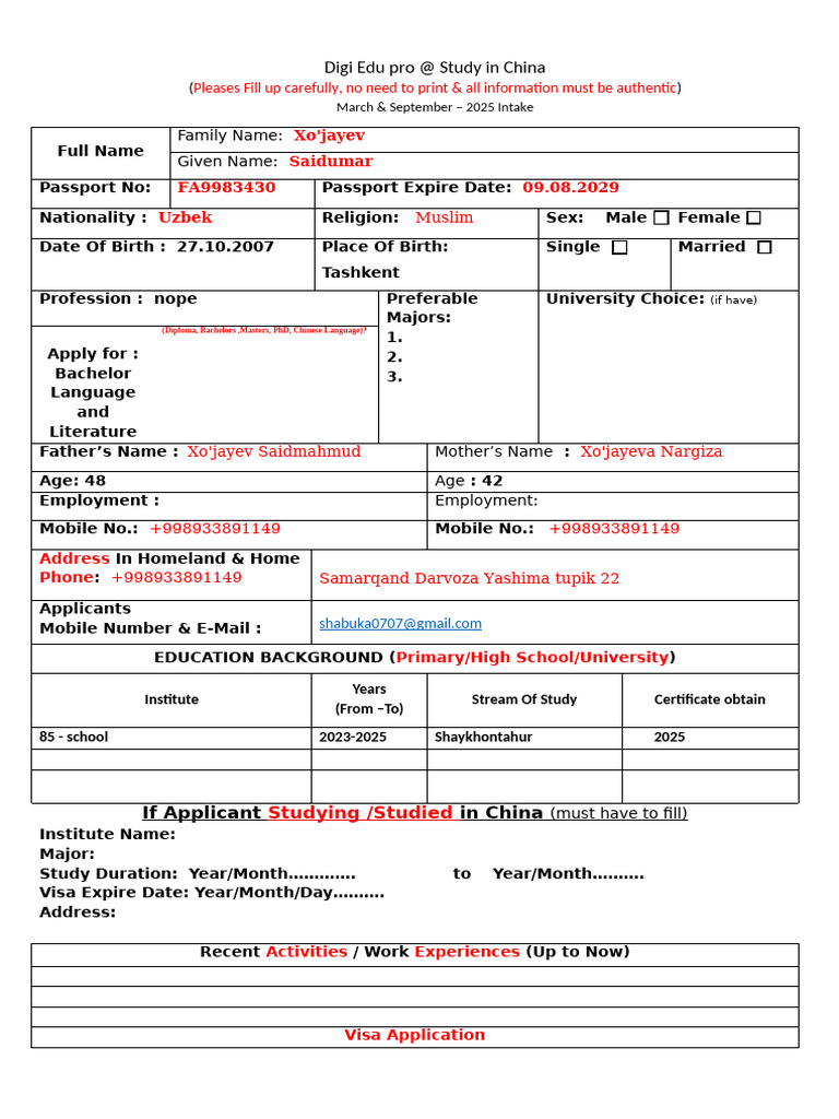 Students Info Form-2025, Digi Edu Pro | PDF | Travel Visa ...