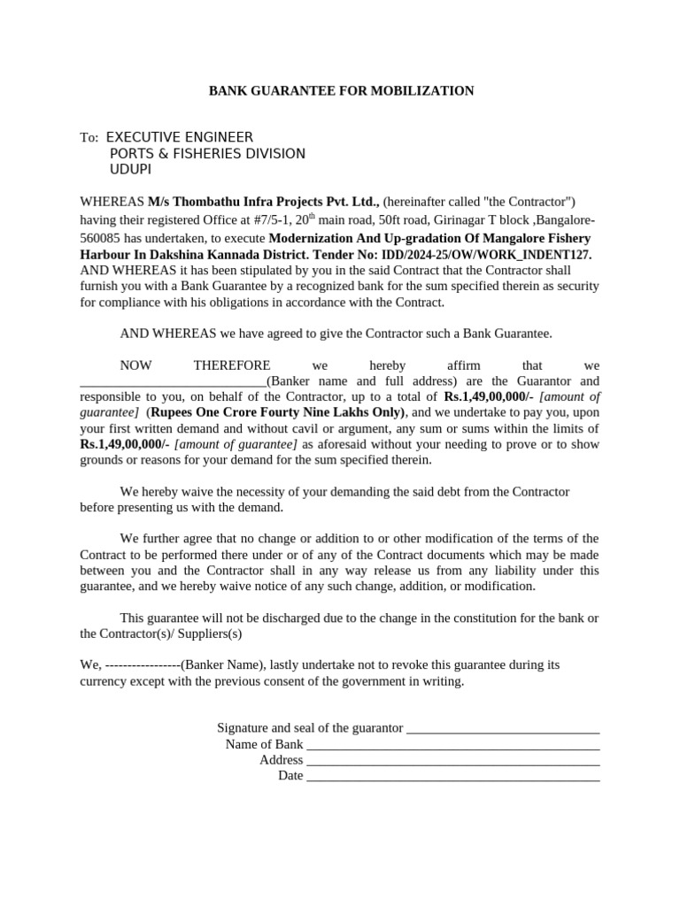 Bank Guarantee for Contractor Mobilization | PDF | Guarantee | Law Of ...