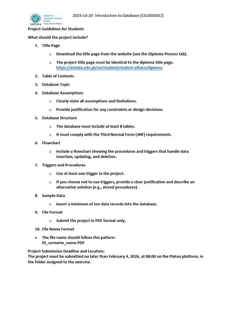 Database Project Guidelines 2025 | PDF